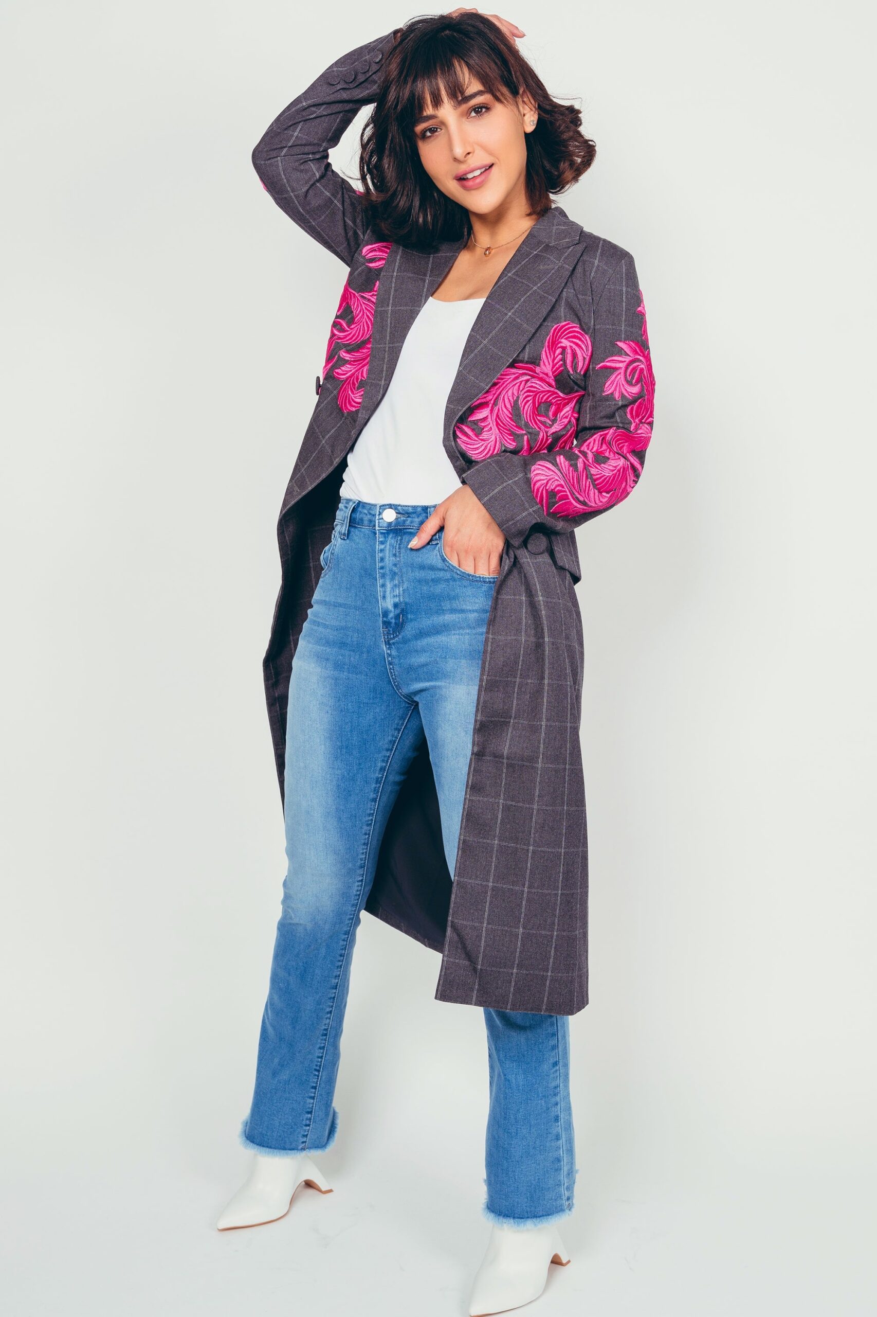 معطف الخندق منقوش مع التطريز الوردي - Creative Style | Fashion Online Store